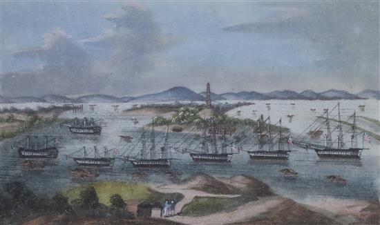 A set of four Chinese pith paintings of Chinese harbour scenes, 19th century, 9 x 14cm